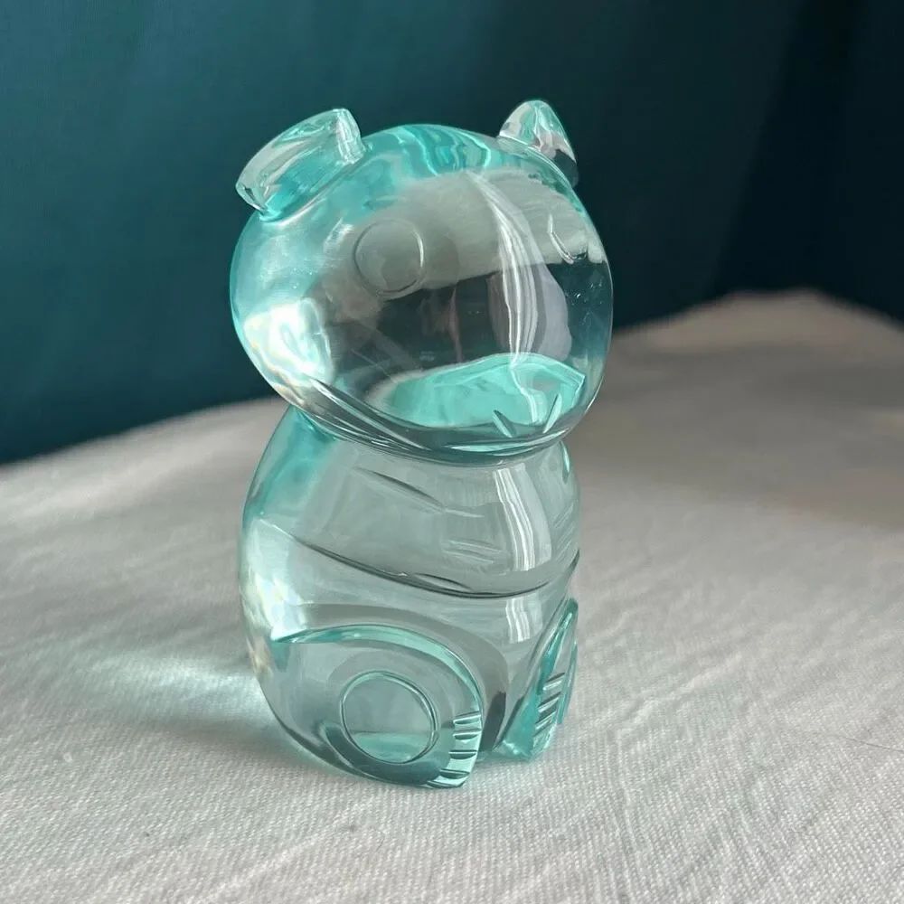 Hand Blown Cut Art Glass Aqua Bear Figurine Paperweight